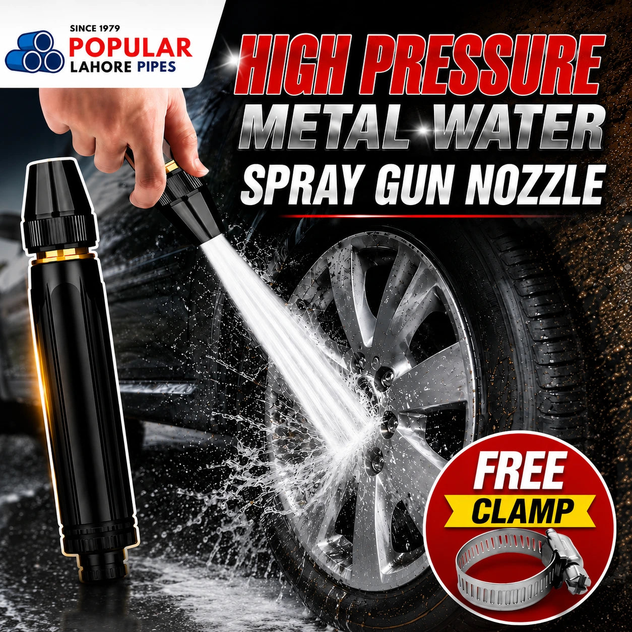 High-Pressure Brass Water Spray Nozzle – 3/4 Hose Pipe for Car, Garden & Lawn