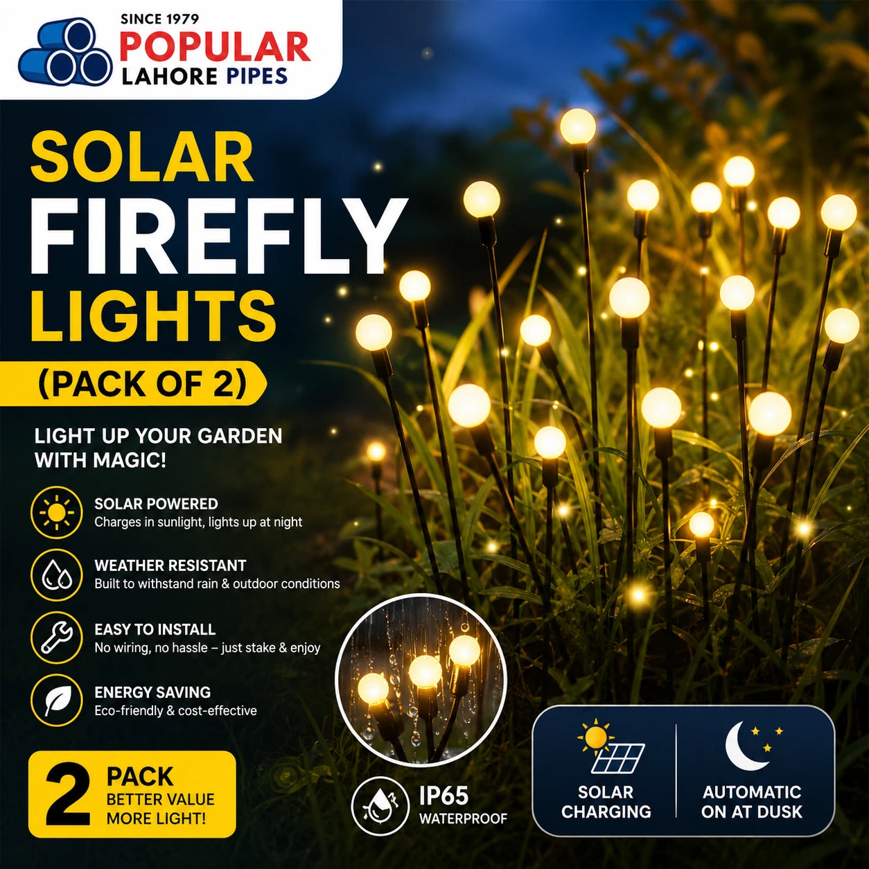 Solar Firefly Lights (Pack of 2) – Waterproof LED Garden Lights