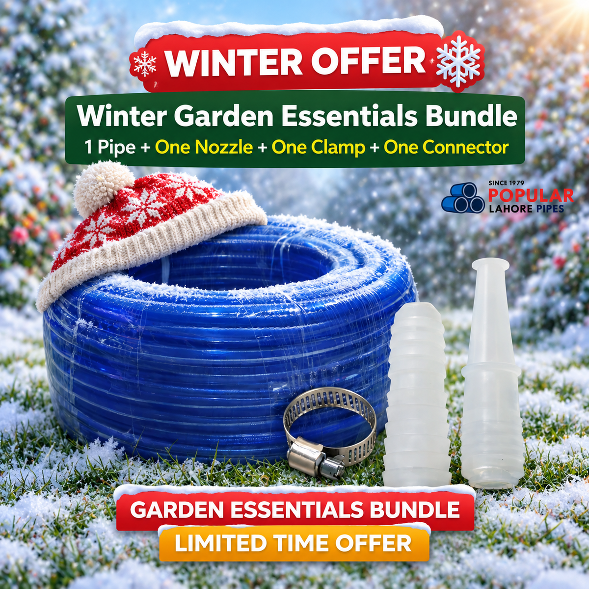 Winter Garden Essentials Bundle | Garden Pipe + Nozzle + Clamp + Connector